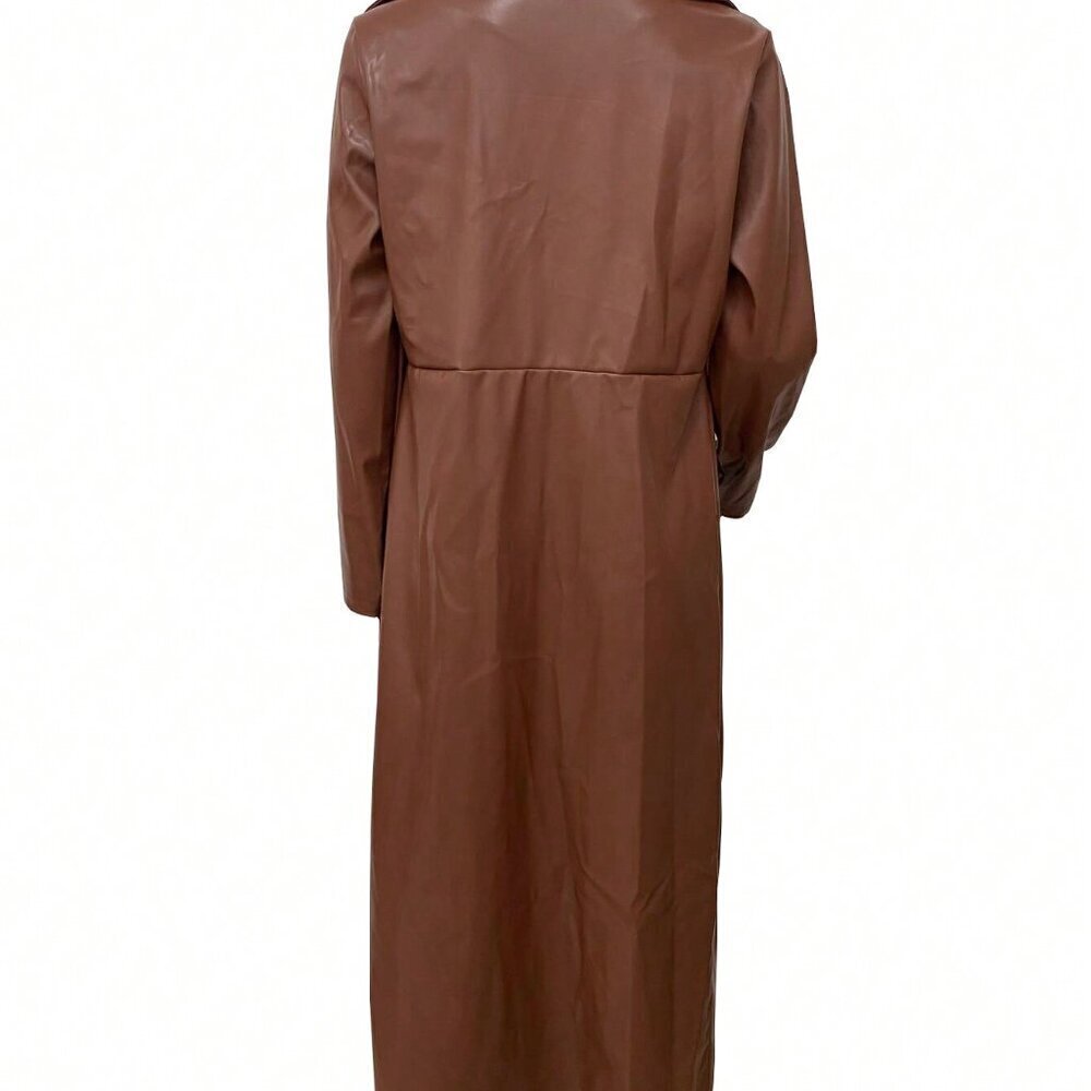 Khaki Elegant Women's Faux Leather Button Warm Long Sleeve Coat - Picture 3 of 7